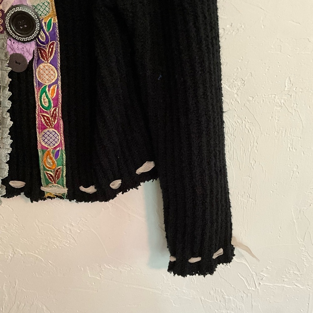 Mixed Media Upcycled Cardigan Sweater Purple Lace Pearl Embellished Black Large - Picture 2 of 5